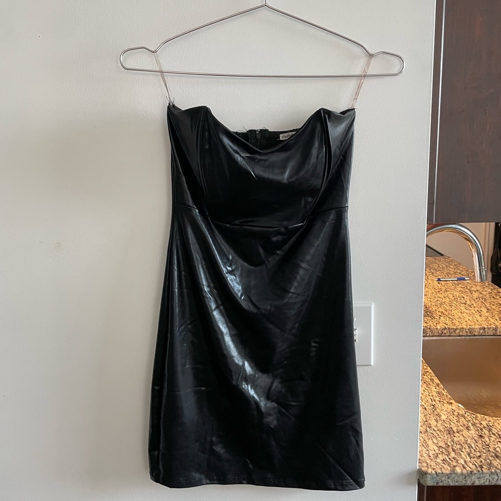 Black leather strapless mini dress